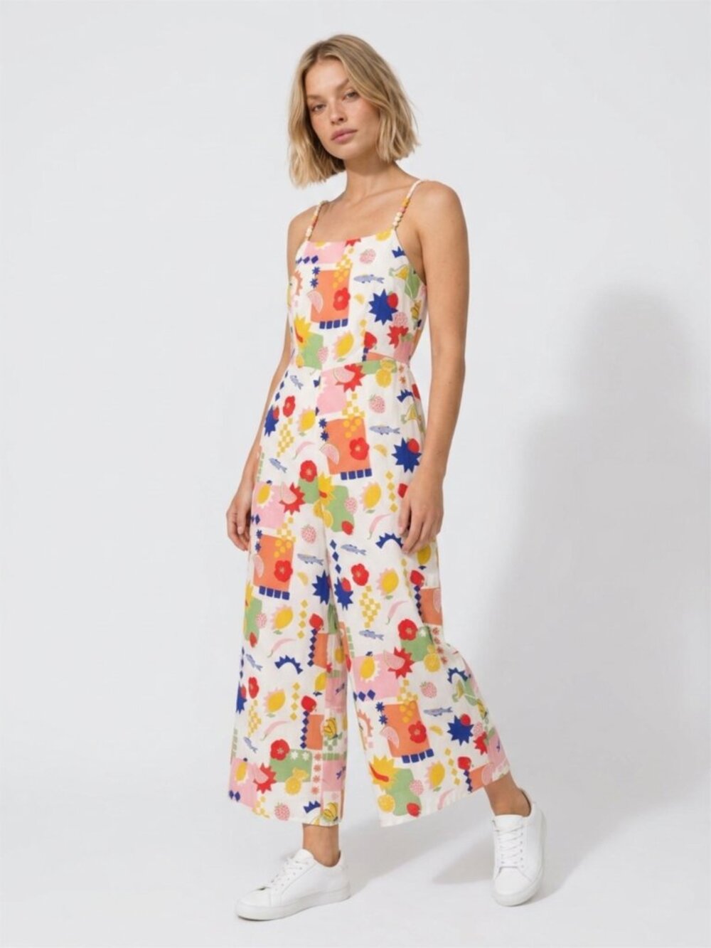 Japna Romper Fruity Floral Jumpsuit Adjustable Spaghetti Straps Wide Leg Large